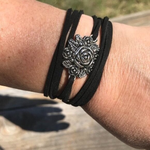 Tie Wrap Floral Rose Silver Bracelet Cuff Yoga Boho Biker Vegan Faux Leather - Picture 3 of 11